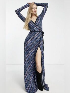828. FREE PEOPLE Phoebe Wrap Long Sleeve Maxi Dress in Blue Combo Sz S NWT $168